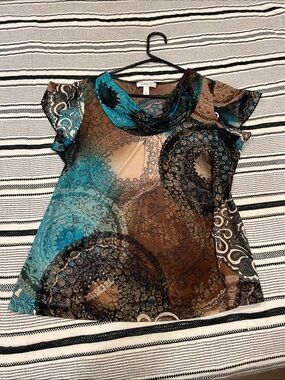 dressbarn Teal and Brown Paisley-Print Short Sleeve Top
